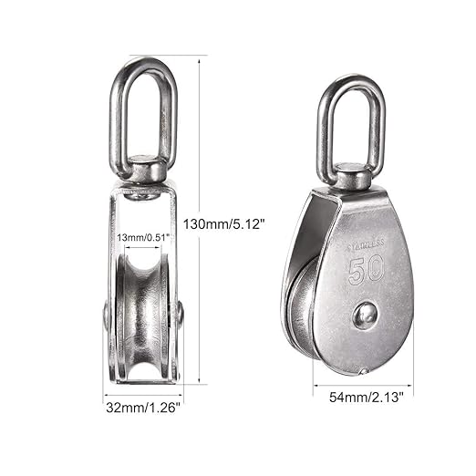 Rocaris 4 Pack M50 Single Pulley Snatch Block Lifting Crane Heavy Duty Swivel Hook 304 Stainless Steel, 3/8" Rope x 2" Sheave, 880lbs Load