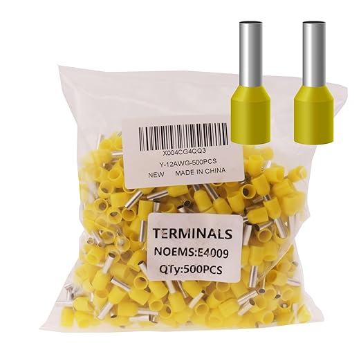 500pcs AWG12/3.5 mm² Wire Ferrules Terminals Kit Yellow, Terminal Connector Wire Insulated Cord Pin Ends Terminals for Electric, Industrial, Chemical Industry, Power Control System, etc.
