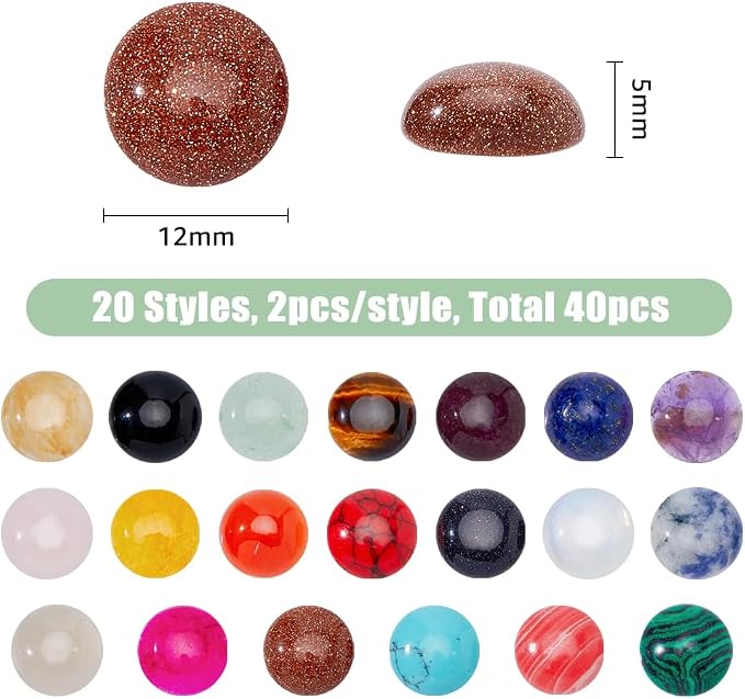 SUPERFINDINGS 40pcs 20 Style Natural Cabochon Gemstone 12mm Half Round Dome - Image 2