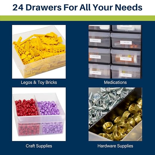 Akro-Mils 24-Drawer Plastic Drawer Storage Cabinet for Garage Organization, Bead Organizer, Building Bricks Storage, Teacher Toolbox, Makeup Organizer, 20-Inch W x 6-Inch D x 16-Inch H, 10124 Black