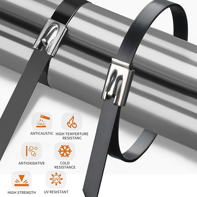 Stainless Steel Cable Tie Gun Set, with 150PCS Black Metal Zip Ties (50 Each of 7.8, 9.8, 11.8 Inch), Adjustable Fastening Cutting Tie Tool Sets for Fencing, Exhaust Pipes, Automotive