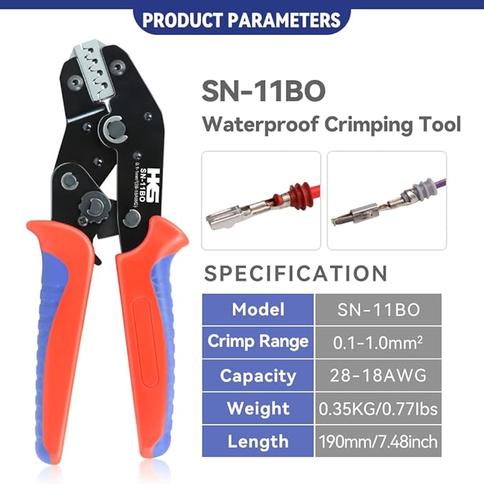 HKS Crimping Tool for AWG 28-18 (0.1-1mm²) Delphi APTIV Terminals, Metri-Pack 150/280/630, APEX 2.8 & AMP Superseal 1.5 - SN-11BO Dual Crimp (Conductor+Seal) with One-Cycle Chrome-Moly Jaw