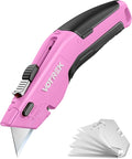 Box Cutter Utility Knife, 2-in-1 Safety Retractable Box Cutter for Women, Quick Change Razor Knife for Home, Office & DIY, Blade Storage Design, with Extra Sharp Razor & Hook Blades (Pink)