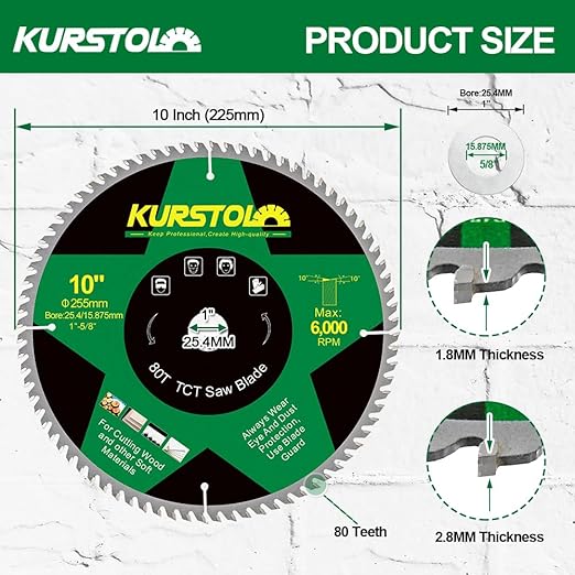 Circular Saw Blade 10 Inch - 80T ABT Wood Cutting Saw Blade with 1” Arbor for Wood, Plastic, Plywood, Particle Boards, Multilayer Boards(2 Pack)