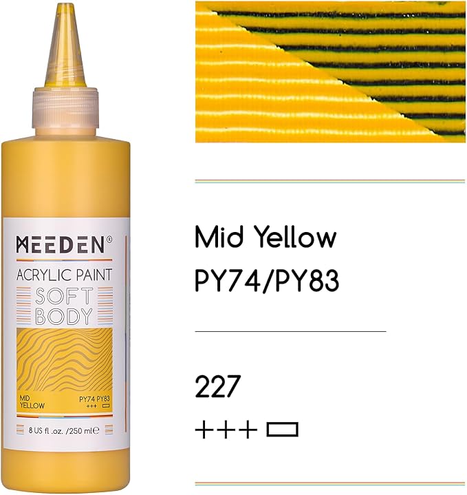 MEEDEN Mid Yellow Acrylic Paint: Matte Finish 250ml/8.45oz Soft Body Bulk - Image 2