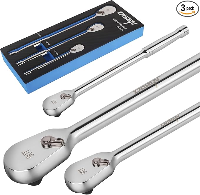 DISEN 3PCS Long Drive Ratchet Handle,1/2'',1/4'',3/8'' 90 Tooth Ratchet Wrench with Dust Proof Teardrop Enclosed Head, Reversible, CR-V Steel Made, CR-MO Head, Full Polished, Gifts for Men