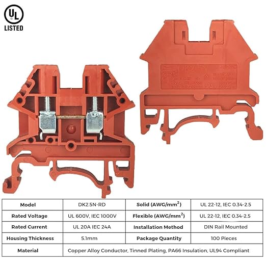 Dinkle Red DK2.5N-RD DIN Rail Terminal Block Screw Type UL 600V 20A 12-22AWG, Pack of 100