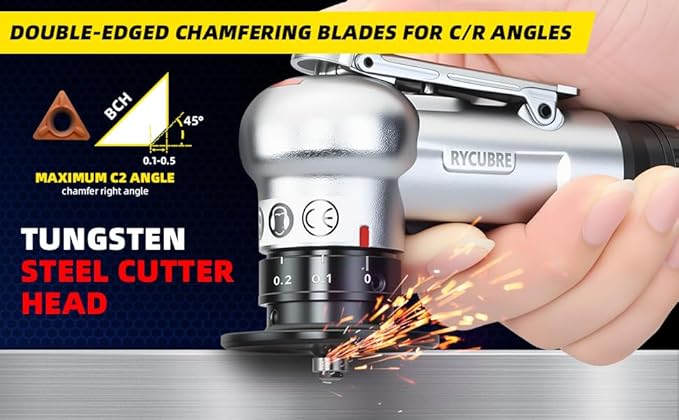 Pneumatic Chamfering Tool Handheld, Mini Air-Powered Chamfering Machine with 4 C-Blades (2 Pre-Installed), 45° Right-Angle Trimming, 1/4 Inch Air Inlet for Metal, Wood Beveling & Deburring