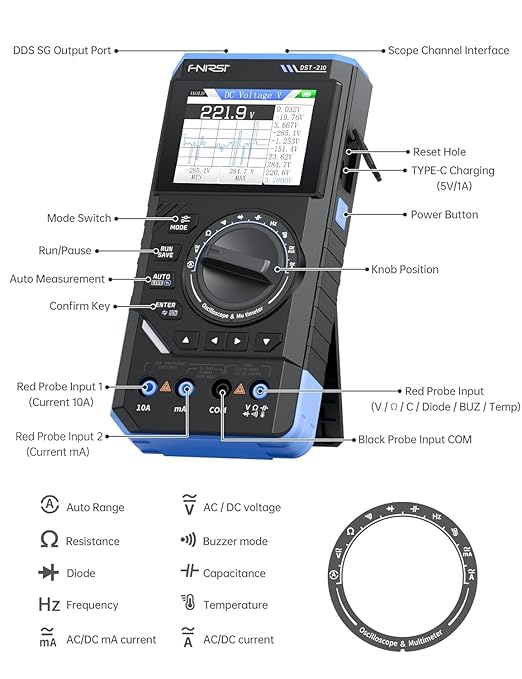 FNIRSI DST-210 Handheld Oscilloscope 10MHz Bandwidth, 19999 Counts, Digital Oscilloscope Multimeter DDS Generator 3IN1, 48MS/s Sampling Rate, AC/DC Voltage Current, Capacitor, Resistor, Diode Test