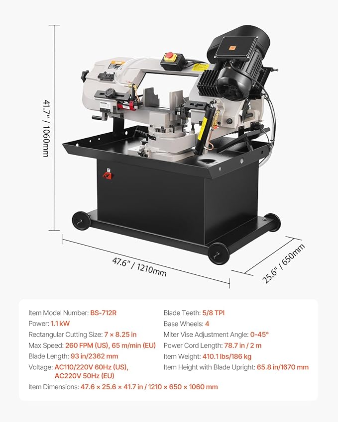 VEVOR Metal Horizontal Band Saw, 7 x 8.25 in Rectangular Cutting Capacity, 110/220V Vertical Cutting Bandsaw with 1.1 kW Motor, 0-45° Angle Adjustment, Variable Speed, for Metal, Wood, and Plastic