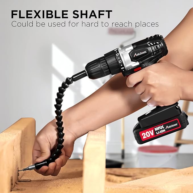 AVID POWER 20V MAX Lithium lon Cordless Drill, Power Drill Set with 3/8-Inch Keyless Chuck, Variable Speed, 16 Position and 22pcs Bits (Black)