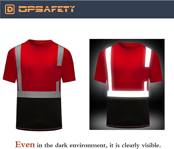 High Visibility Shirts Quick Dry Safety T Shirts with Reflective Strips and Pocket Short Sleeve Mesh Hi Vis Construction Work Class 2 Shirt for Men/Women Black Bottom Red,Small