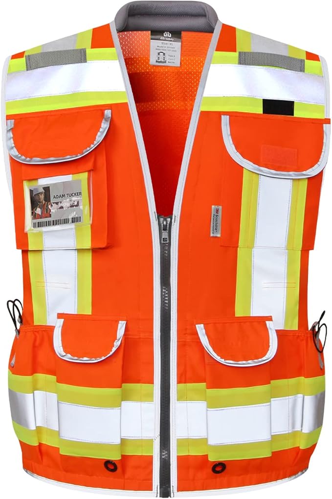Dib Safety Reflective Vest Heavy Duty, High Visibility Two Tone Engineer Vest, Made with 3M Tape, Padded Collar, Retractable ID Pocket, Orange 2XL