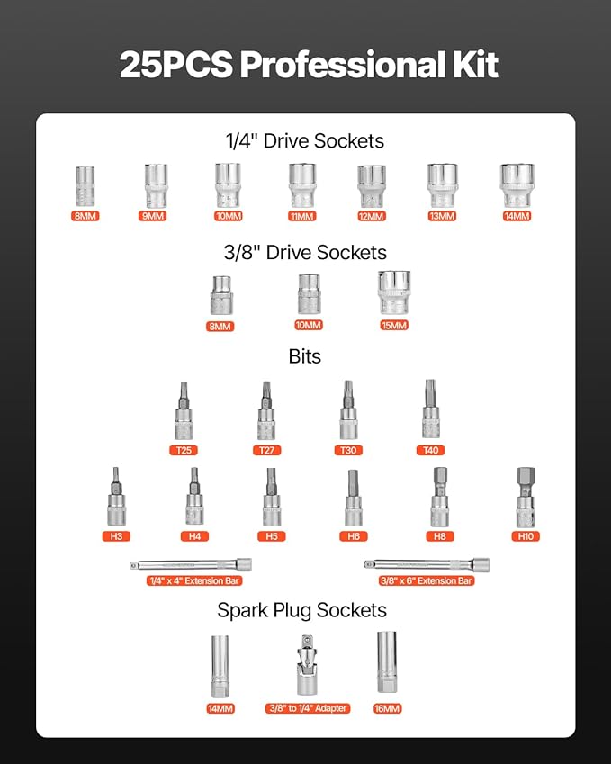 VEVOR 26Pcs Torque Wrench Set, 3/8 Inch Drive, 3.7-44.3FT.LB(5-60Nm), 72-Tooth Click Torque Wrench with Hex/Torx/Spark Plug Sockets, Extension Bars, 1/4 Adapter, for Bicycle Motorcycle Maintenance