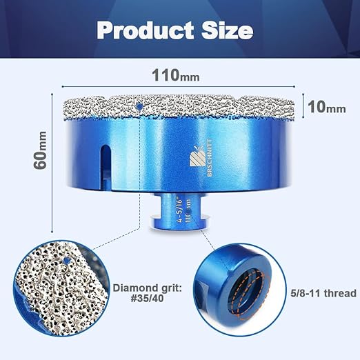 110mm Diamond Core Drill Bit for Porcelain Tile Ceramic Marble Granite Drilling,BRSCHNITT 1pc Vacuum Brazed Diamond Hole Saw with 5/8-11 Thread (110mm)