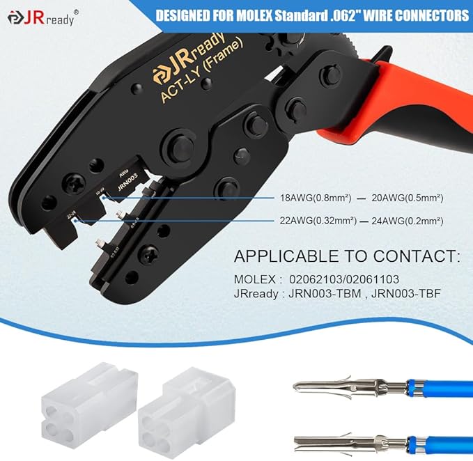 JRready ACT-LY-JRN003 Open Barrel Terminal full cycle ratcheting PremiumGrade Hand Crimping Tool, for Molex MLX (2.13mm) Pin and Socket Crimp Terminals 42023 40204 Series, 18-24 AWG