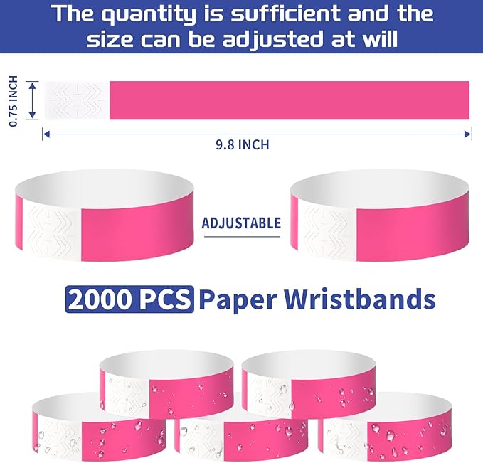 2000 Pcs Paper Wristbands for Events Waterproof Neon Pink Wrist Bands Adhesive Concert Identification Wristbands Hand Bands for Events(Pink)