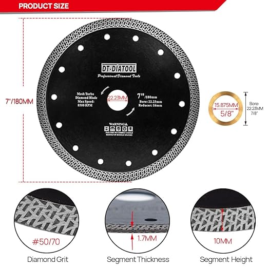 DT-DIATOOL Diamond Granite Blade 7 Inch for Marble, Porcelain, Ceramic, Brick. Titanium Carbide, Circular Saw Blade. Recommended RPM: 5000, Max RPM: 8500
