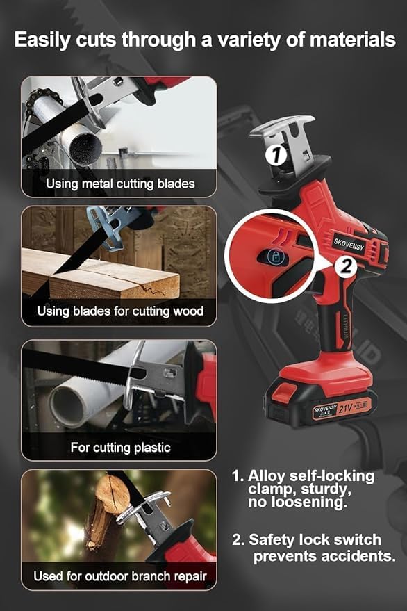 Cordless Reciprocating Saw for Home & Outdoor Use, 2×2.0Ah Batteries, Variable Speed, Red Compact Saw Kit with Blades for Wood/Metal/PVC Cutting – Ideal for DIYers & Gardeners in All Seasons