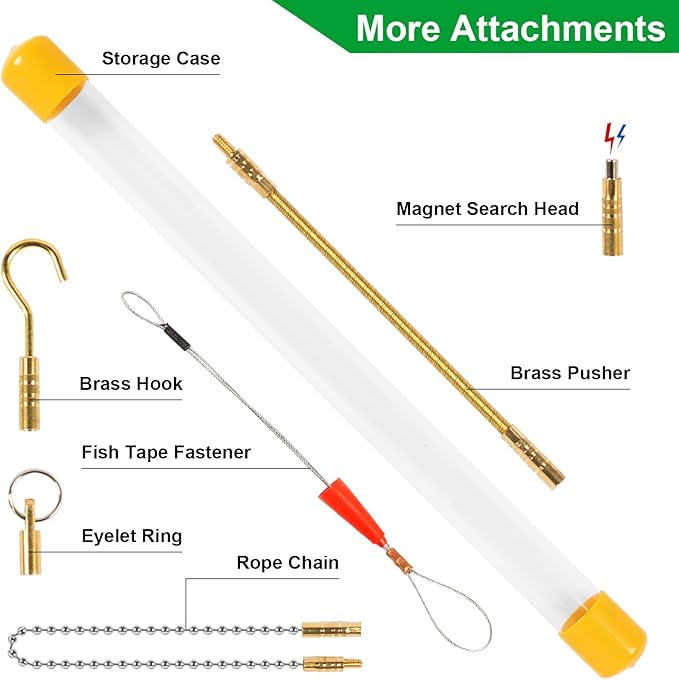 21FT Fiberglass Running Electrical Wire Cable Pulling Fish Tape Kit, Bright Green Glow Rods Set with 7 Different Attachments in a Carrying Case