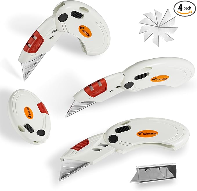 4 Pack Folding Utility Knife with 10 Extra Blades,Box Cutters with Button Lock Mechanism,Navajas Para Trabajo for Home,Office and Warehouse,White.