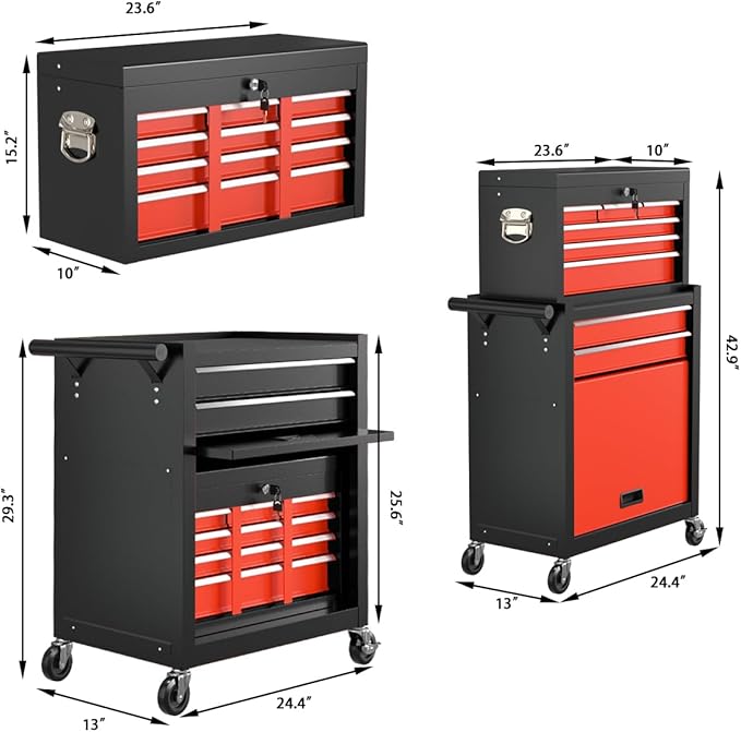 8-Drawer High Capacity Rolling Tool Chest with Wheels, Big Tool Storage Removable Tool Box Combo, Tool Storage Cabinet with Lockable Drawers, Toolbox for Workshop (Black&Red)