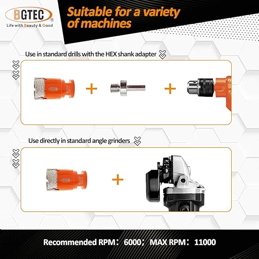 BGTEC Diamond Core Drill Bit Kit - 5pcs, 5/8"-11 Thread, 6/8/20/35mm+0-20mm Chamfer Bit - Porcelain Tile, Ceramic, Marble, Brick