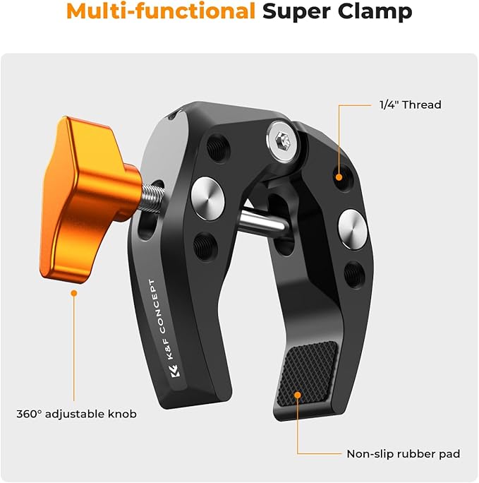 K&F Concept Camera Mount Clamp, Super Crab Clamp with 1/4" Thread Holes, 60mm Max Opening, Payload 11 Lbs/5kg, for Round Pipe Flat Surface, Monitors, LED Lights, and Other Photographic Accessories