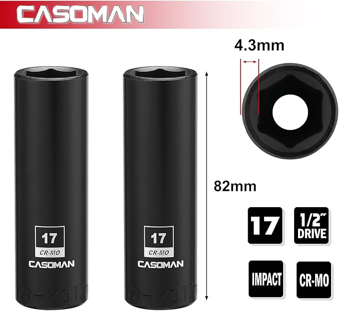 CASOMAN 1/2-Inch Drive x 17mm Deep Impact Socket, 2PCS Set, 6-Point, Metric, CR-MO
