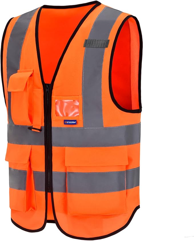 A-SAFETY Orange High Visibility Safety Vest Reflective,3M Multi Pockets Working Vest Working Uniform Zipper Front ANSI/ISEA Standards 7 Pockets Class 2,Large