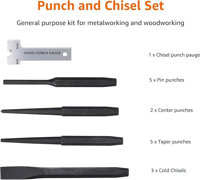 Amazon Basics 16-Piece Chrome Vanadium Steel Punch and Chisel Set with Storage Pouch