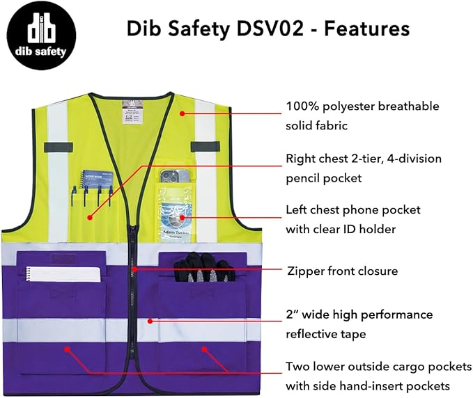 Dib Safety Reflective Vest High Visibility with Pockets and Zipper, Yellow and Purple 2XL