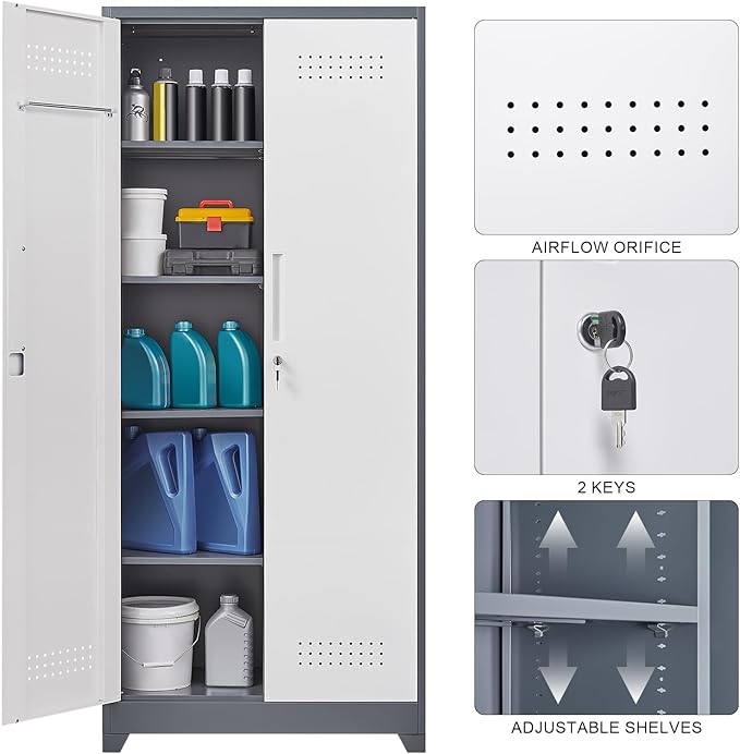72.8" H Utility Closet Cabinet, Broom Closet Storage Cabinet with Locking Doors, Garage Tool Cabinets with Hanging Rod, Cleaning Storage Cabinets for Garage,Bedroom Office Grey&White