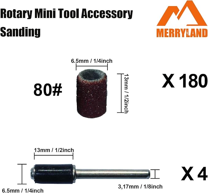 Merryland Drum Sander Sanding Band for Dremel 184pcs, 80# 1/4" Sanding Sleeve 180pcs and Mandrel 4pcs Rotary Tool, Electric Power Tool Accessory DIY, RMTA184C2