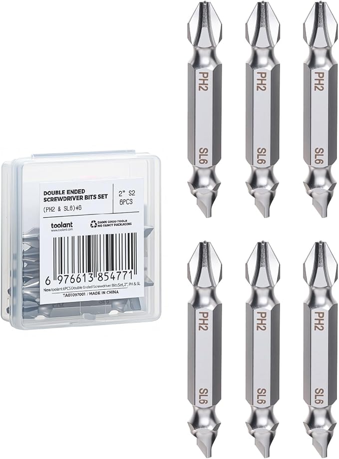 toolant Double-Ended Screwdriver Power Bit,6Pcs 2 Inch PH2/SL6,#2 Phillips Impact Driver Bits,Flat Head Drill Dit Set With Magnetic, Two Sides Screwdriver Bits Set with Storage Case