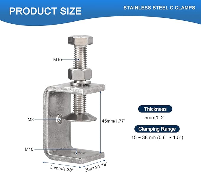 2 Pack 304 Stainless Steel C Clamps with 45mm/1.77" Stable Wide Jaw Opening Tiger Clamp for Woodworking Welding Construction Household Mount