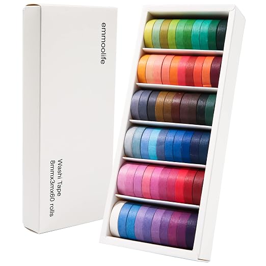 60 Rolls Washi Tape Sets 8mm Wide 10ft Long Basic Solid Color Rainbow Colored by emmoolife