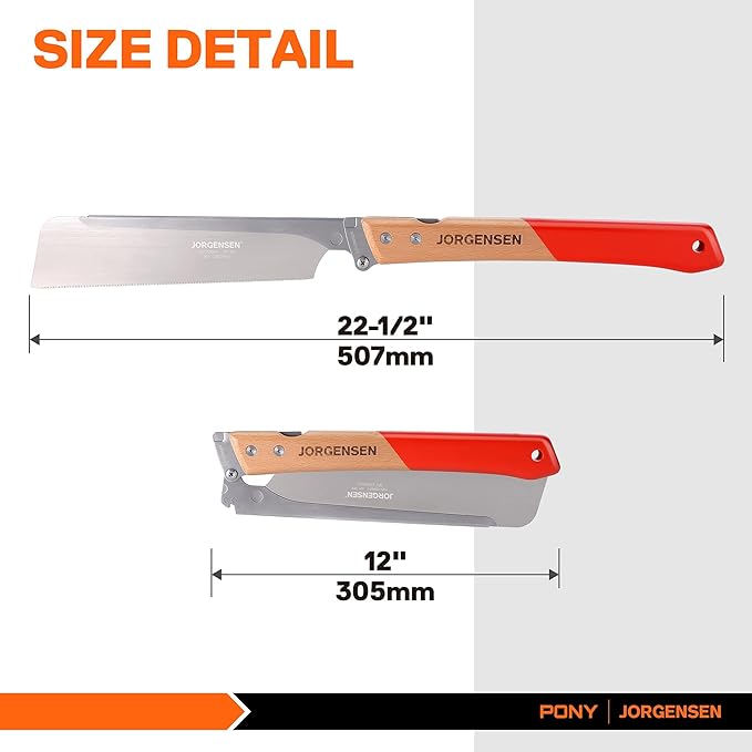 JORGENSEN Japanese Pull Saw, 9.5 Inch Pro Folding Dovetail Saw with Beech Wood Long handle, SK5 Steel Blade Tool-less Quick Change, 21TPI Cross Cut Woodworking Handsaw for Hardwood, Softwood