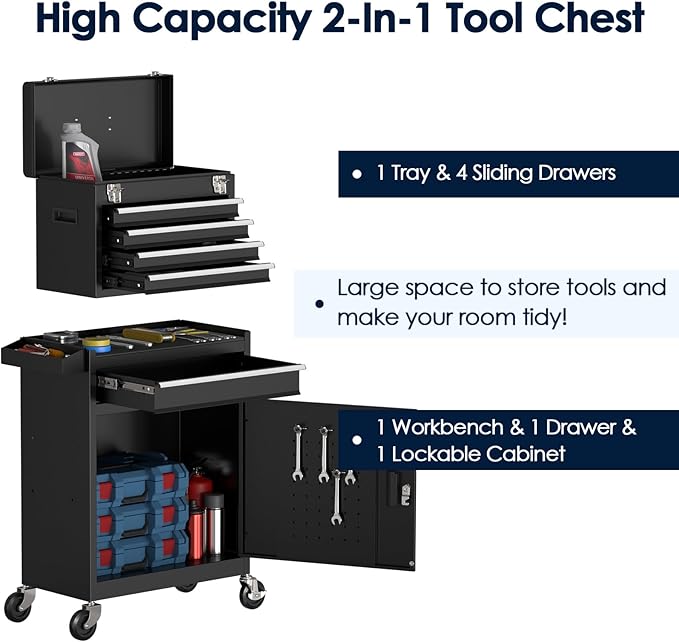 5-Drawer Tool Box with Wheels, Rolling Tool Storage Cabinet with Detachable Top Tool Chest and Locking Mechanism, Metal Tool Cart for Garage Workshop and Room Use (Black)