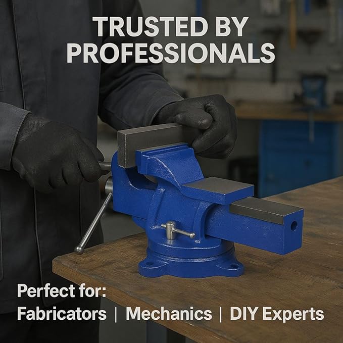 4-Inch Bench Iron Vice Heavy Duty Steel Bench Vise with Swivel Base Professional Germany Iron Design Durable Blue Finish for Workshop Use E-2014