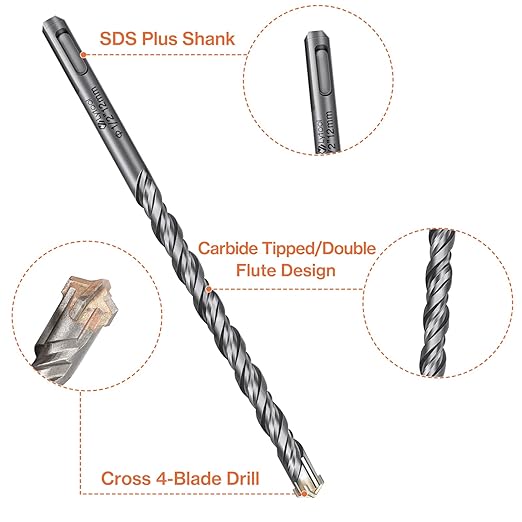 Lytool SDS Plus Drill Bits Set – 10Pcs Carbide Tip Masonry Drill Bits for Concrete, Brick, Tile, Block, Stone, and Marble – Compatible with Rotary Hammer Drills (3/16",1/4",5/16", 3/8", 1/2")