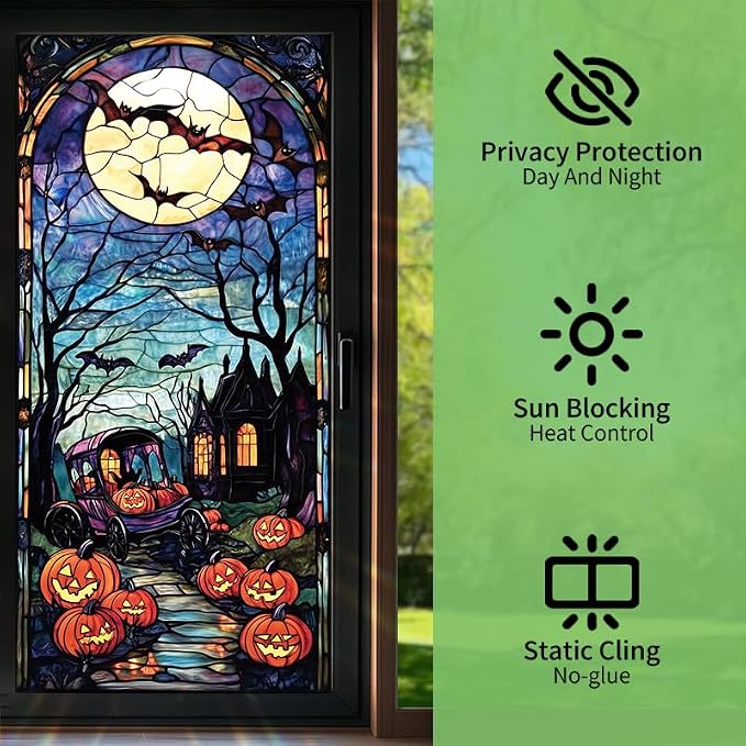 Halloween Stained Glass Window Film 17.71x39.97 Inch Pumpkin Carriage Ghost - Image 2