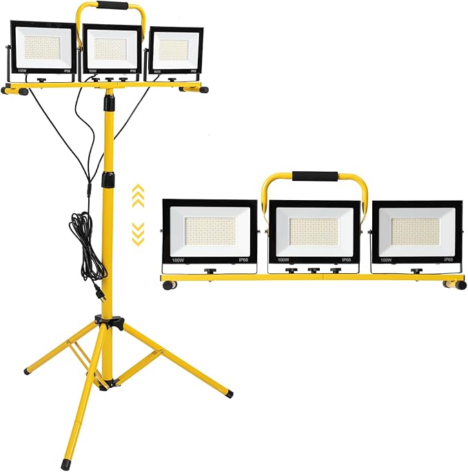 30000 Lumen LED Work Light with Stand, 3 Adjustable Head Portable Work Light with 324 Super-Powerful LED Lamp Beads and 16.4FT Cord, Waterproof Tripod Work Lights with 6500 Kelvin Color Temperature