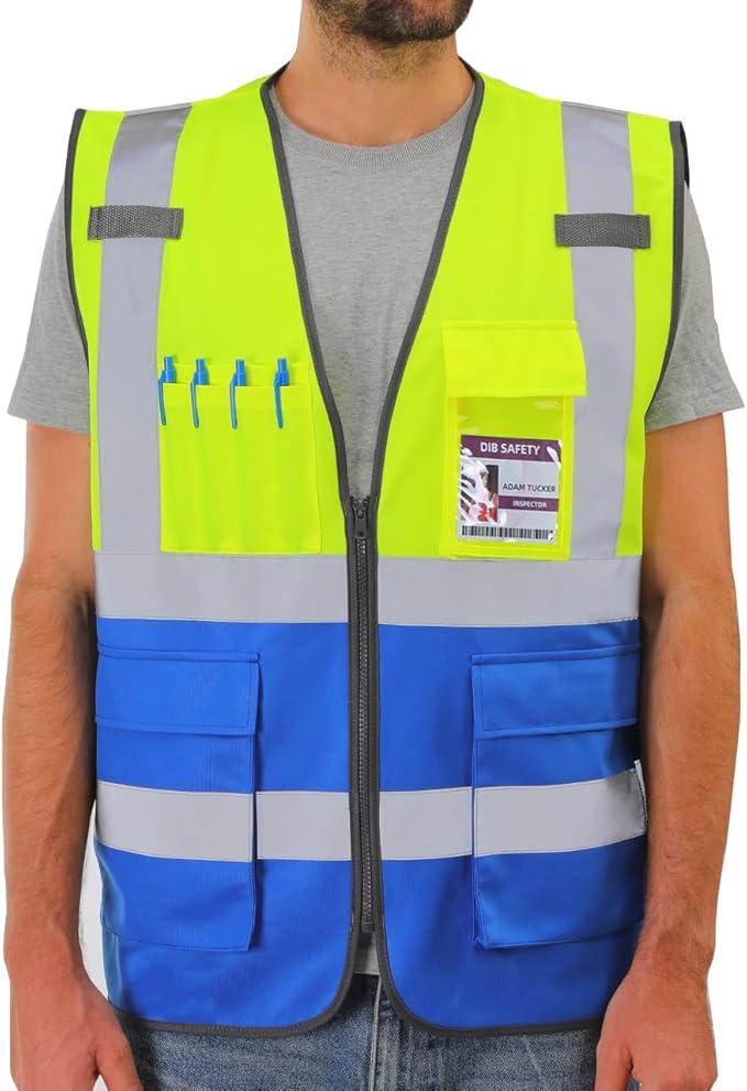 Dib Safety Reflective Vest High Visibility with Pockets and Zipper, Yellow and Blue XL