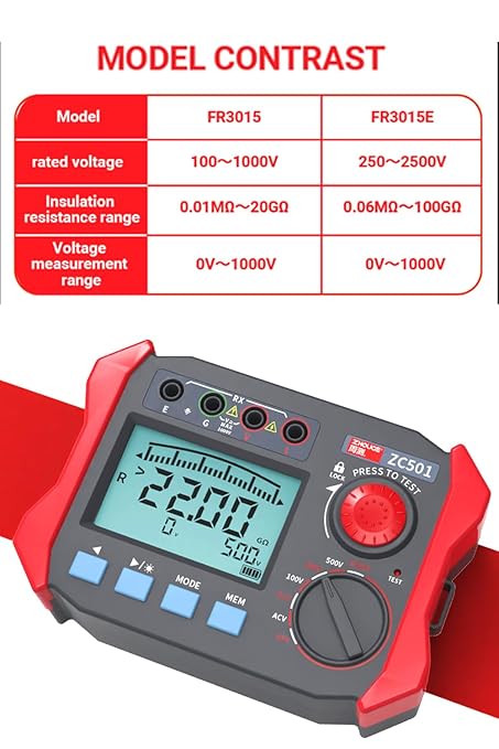 Digital Insulation Resistance Tester 100V-1000V /0.06MΩ-50.00GΩ Megohm Tester Auto Ranging 2000 Counts 2V~750V AC/DC Voltmeter with 500 Data Storage LCD Display(ZC-501)