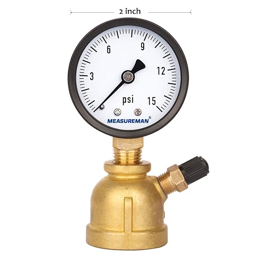 MEASUREMAN 2" Forged Brass Gas Pressure Test Gauge Assembly, 3/4" FNPT Connection, 0-15psi, +/-3-2-3% Accuracy