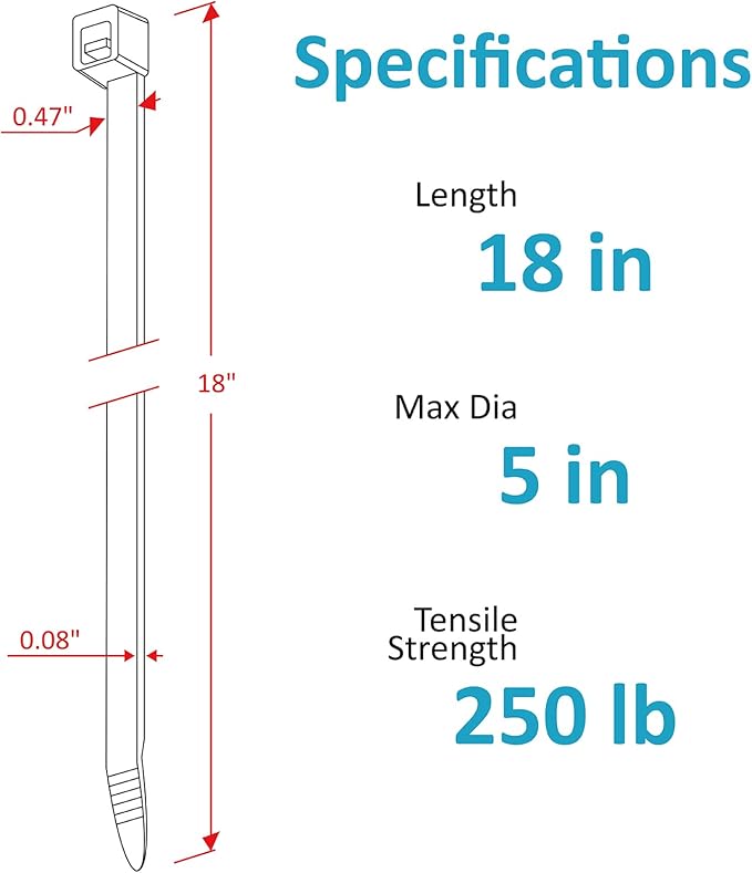 Large Zip Ties 18 inch (250 Pack), Actual 20 inch, Long Zip Ties Heavy Duty with 250 lb Tensile Strength, Big Cable Ties, Black, by ANOSON