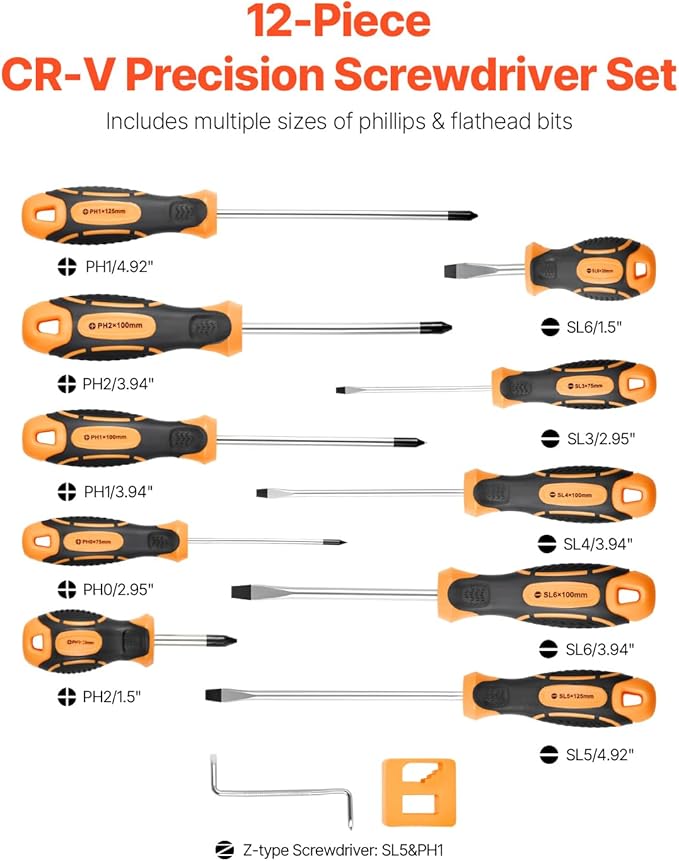 VEVOR Screwdriver Set, 12-Piece Hand Tools Set with Magnetic Tips, Includes 5 Phillips and 5 Flat Head Bits, Z-Type Bit, Professional Repair Tool Kit for Sockets, Furniture, Home Appliances, Bicycles