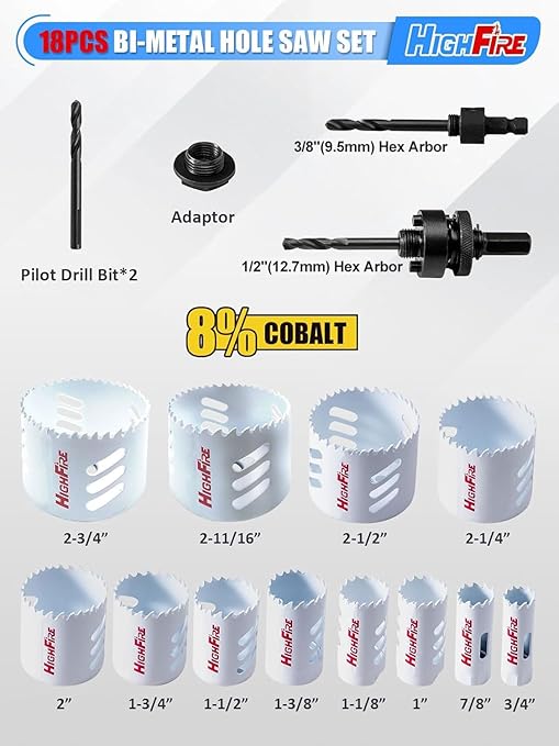 HIGHFIRE 18pcs Bi-Metal Hole Saw Set with Carrying Case, M42 General Purpose 3/4" to 2-3/4" Hole Saw Kit for Hard Metal, Stainless Steel, Iron, Aluminium, Alloys, Plastics