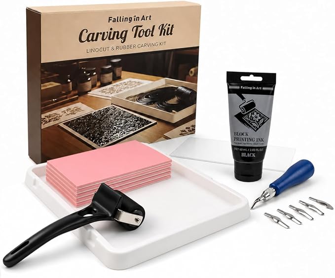 Falling in Art Linocut Kit for Printmaking, Rubber Block Stamp Printing Kit by FallinginArt